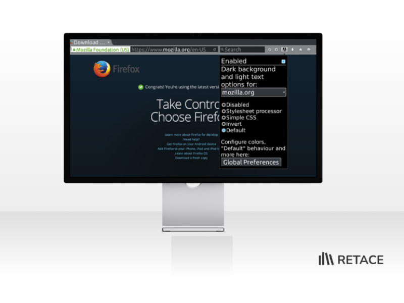 Navegador Firefox com site da Mozilla aberto e menu de extensão exibindo opções de tema com fundo escuro e texto claro.
